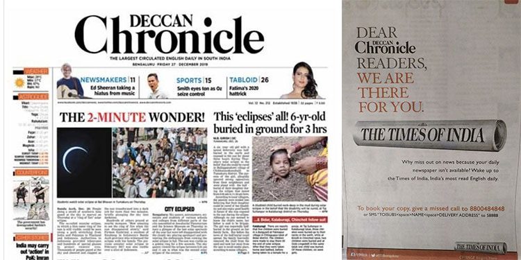Deccan Chronicle shuts down Bengaluru print edition; TOI woos DC readers with a Full page Ad